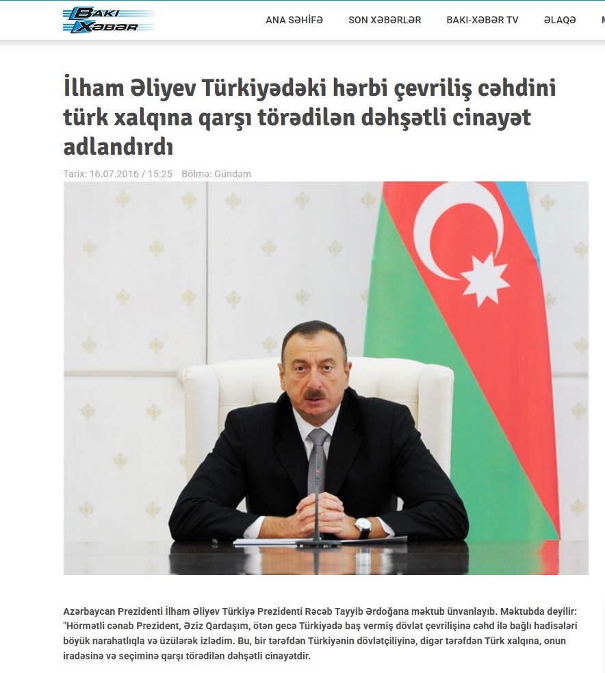 İlham Əliyev Türkiyədəki hərbi çevriliş cəhdini türk xalqına qarşı törədilən dəhşətli cinayət adlandırdı