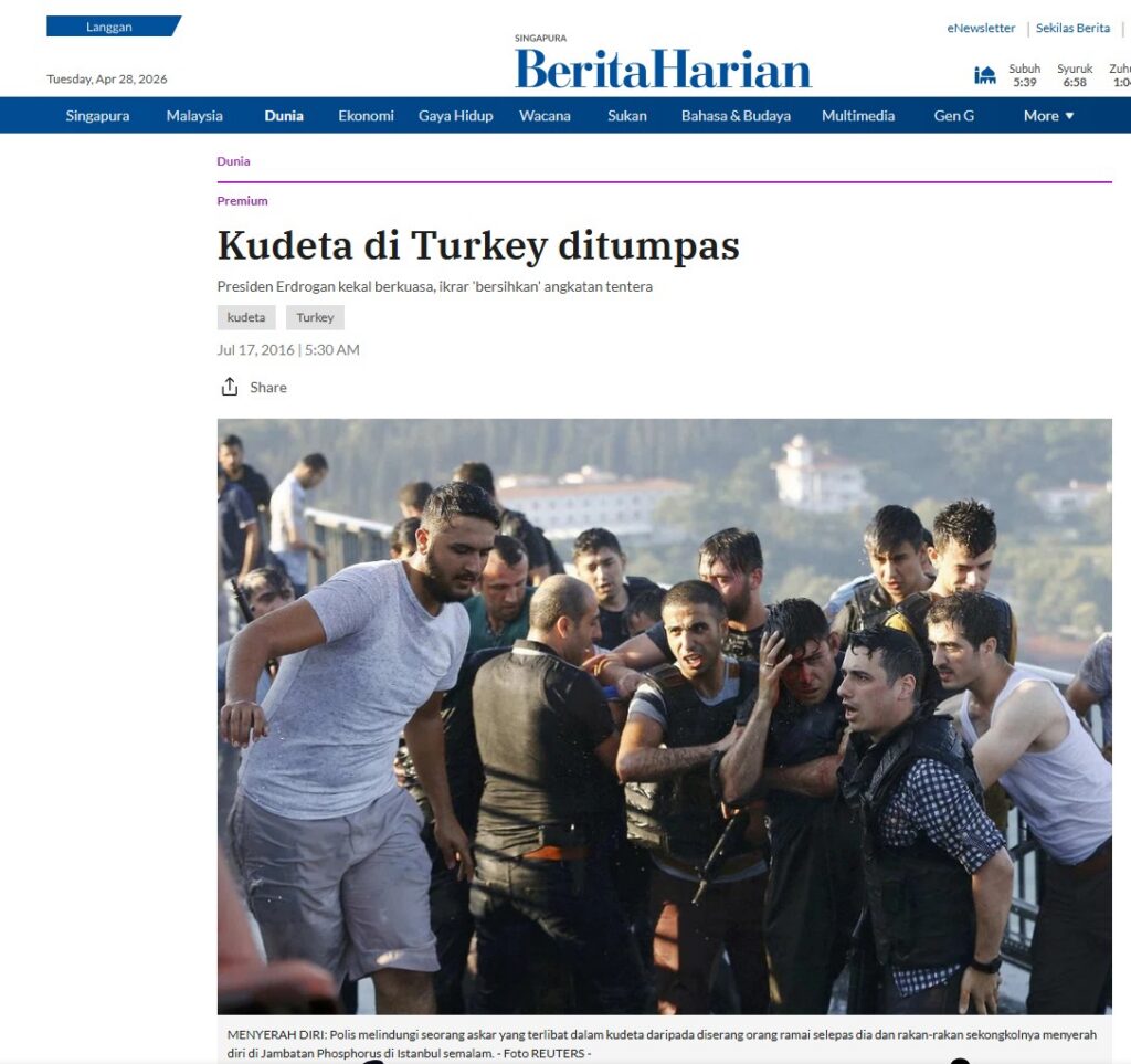 Kudeta di Turkey ditumpas. Presiden Erdrogan kekal berkuasa, ikrar 'bersihkan' angkatan tentera.