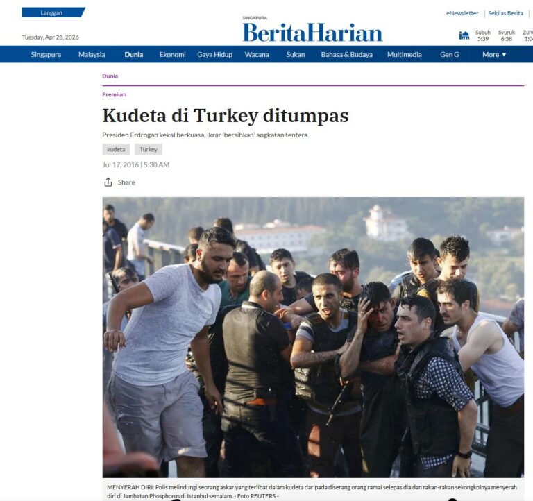 Kudeta di Turkey ditumpas. Presiden Erdrogan kekal berkuasa, ikrar 'bersihkan' angkatan tentera.